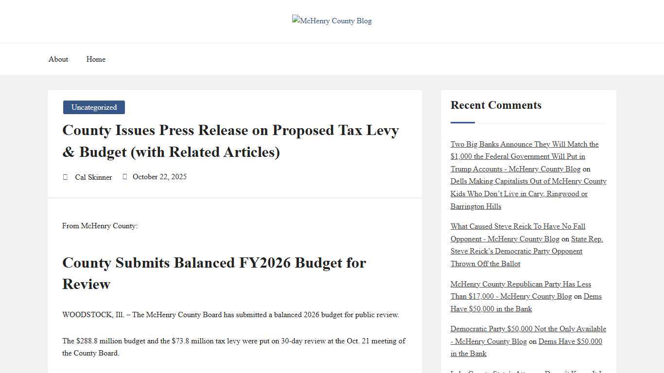 County Issues Press Release on Proposed Tax Levy & Budget (with Related Articles) - McHenry County Blog